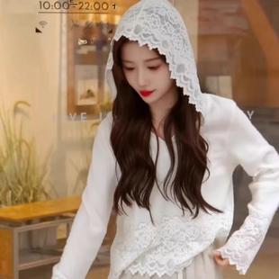 宽松显瘦内搭打底衫 T恤女2025秋冬新款 上衣 蕾丝拼接连帽长袖 法式