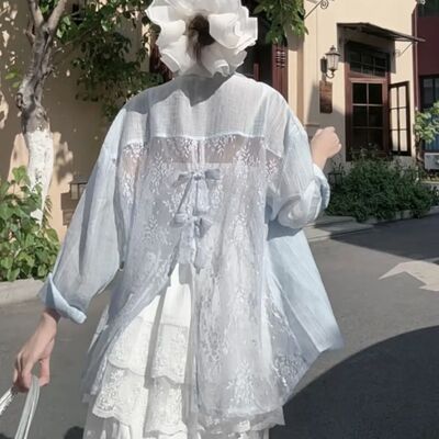2026新款蓝色衬衫女外套法式上衣气质防晒衫蕾丝长袖温柔风衬衣
