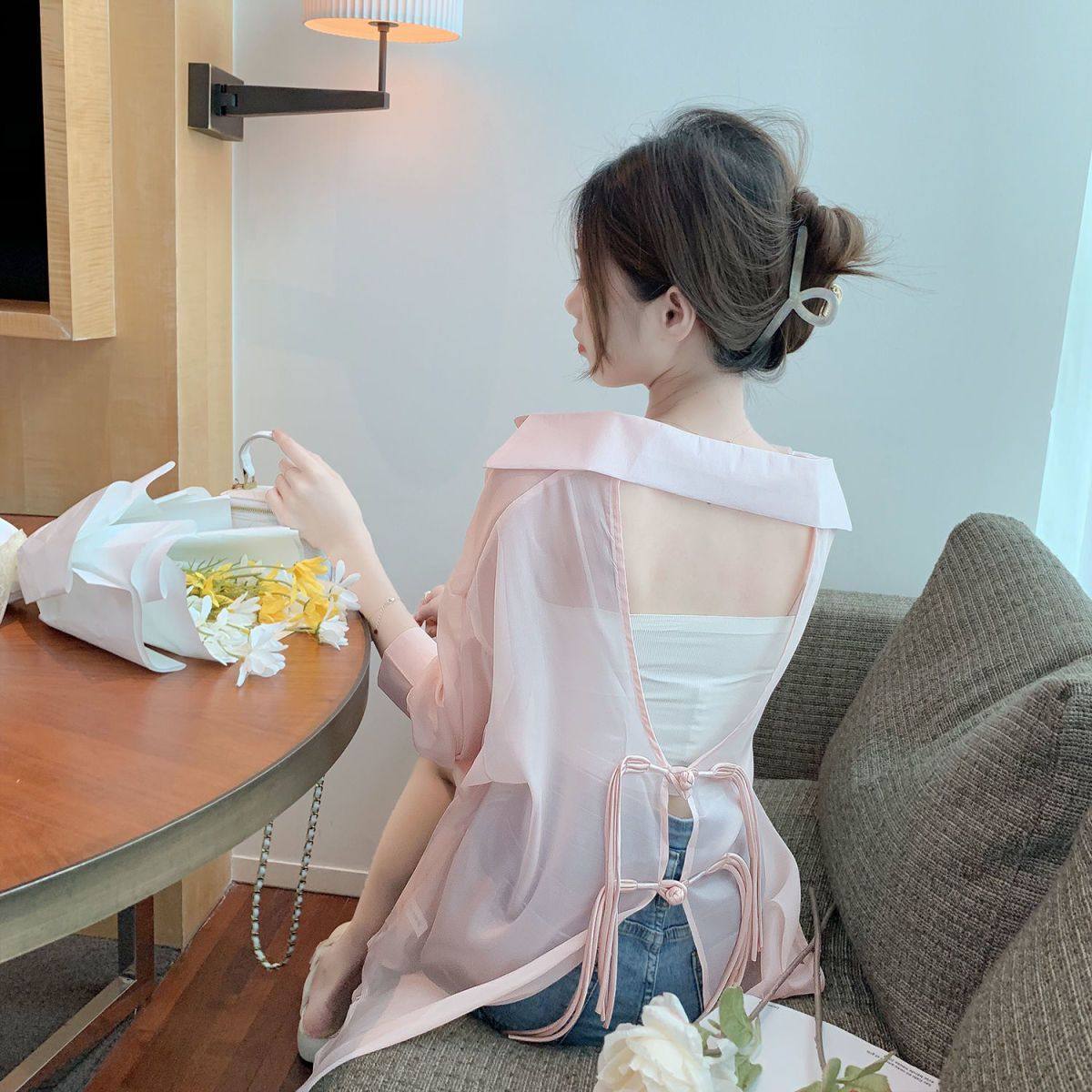 薄款防晒衣小心机露背盘扣雪纺衬衫女夏季2026新款设计感百搭上衣