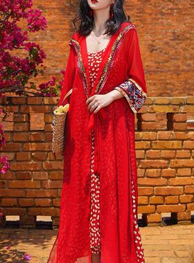 民族风防晒开衫女薄款沙漠连帽外套刺绣复古雪纺沙滩罩衫宽松外搭