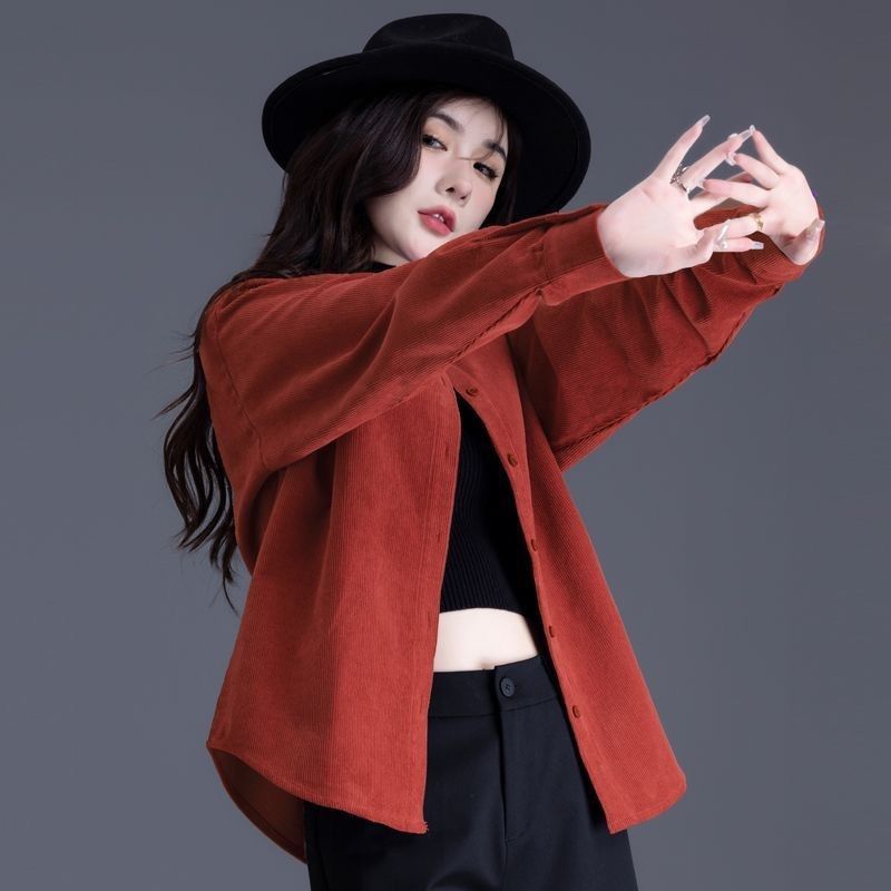 韩版复古红色灯芯绒衬衫女秋冬宽松慵懒风高级感显白上衣叠穿外套