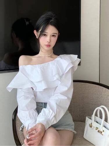 法式高级感轻熟优雅气质双层荷叶边斜肩长袖衬衫女宽松显瘦上衣潮