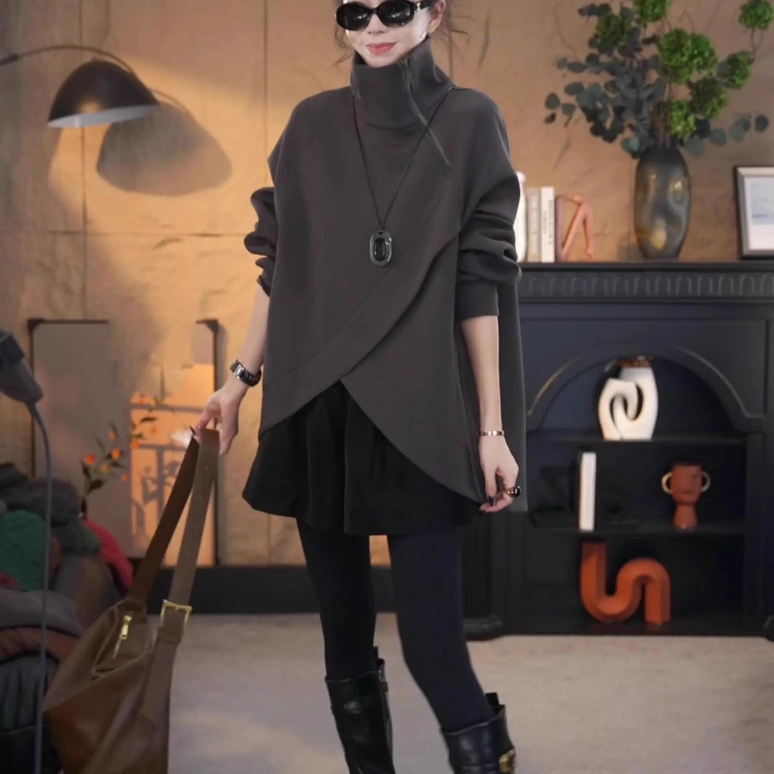 2025秋冬新款韩版时尚个性高领套头卫衣潮显瘦百搭不规则长袖t恤