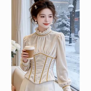 轻奢短款白色丝绒衬衫2026春季新款高级感小衫气质高级感衬衣女装