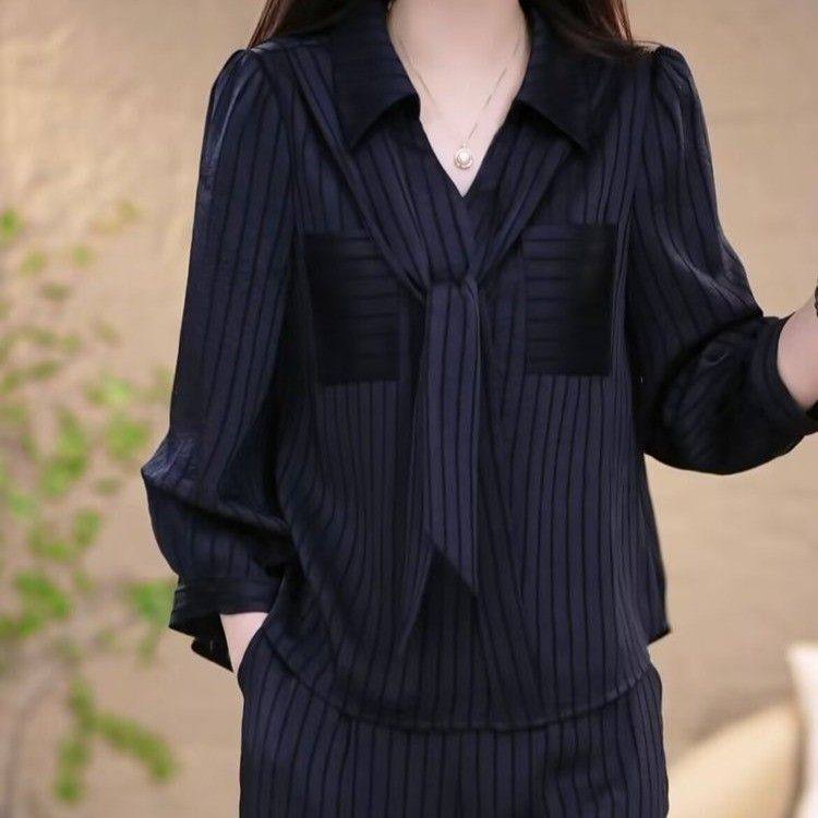 蓝色上衣2025新款高级早秋优雅显瘦秋季时尚薄款条纹飘带爆款单件,女装/女士精品,衬衫,淘宝优惠券,粉丝福利购,淘宝优惠卷