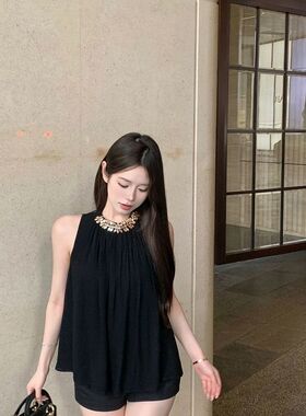 高级感水钻无袖挂脖上衣女辣妹气质黑色宽松雪纺小众显瘦名媛背心