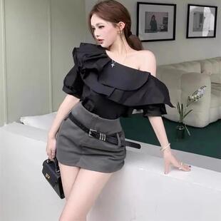 法式复古荷叶边一字肩上衣女锁骨甜辣高级感夏季新款衬衫小众设计