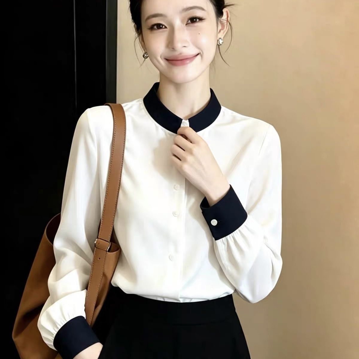 早秋法式立领撞色显瘦女衬衫