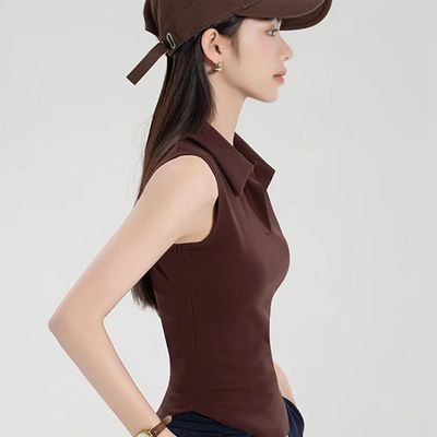 夏季新款深绿色polo领无袖吊带背心女内搭外穿修身设计感上衣潮