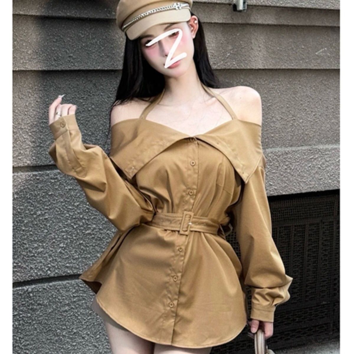 法式甜辣妹一字肩挂脖长袖衬衫女早秋季设计性感小众气质收腰上衣