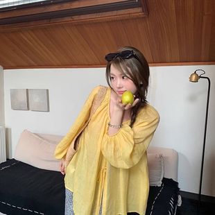 薄款 女装 夏季 黄色苎麻防晒衬衫 上衣 2025新款 设计感小众两面穿小衫