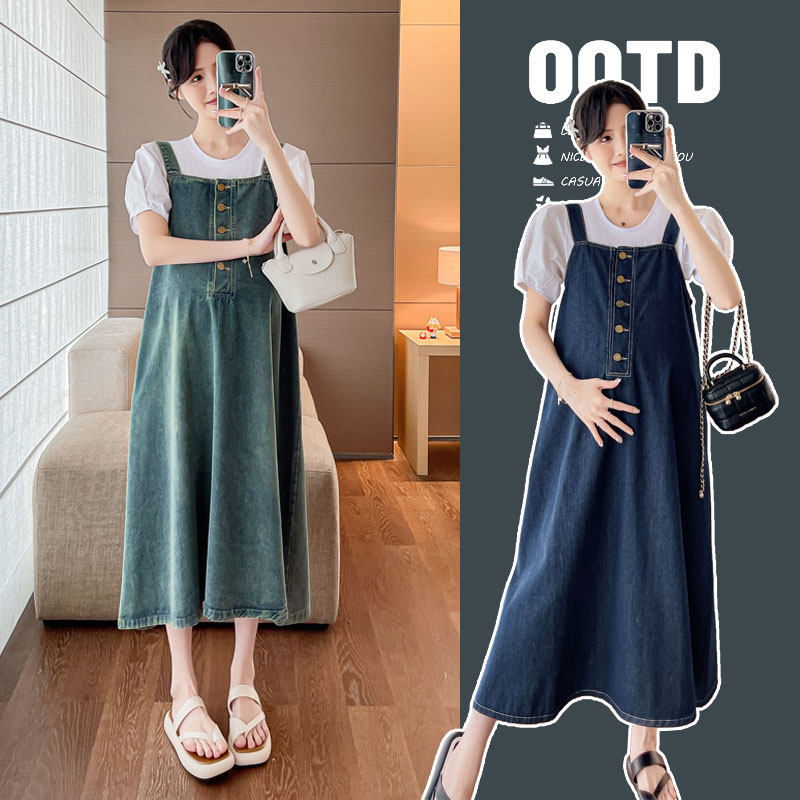 孕妇夏款韩版白色打底衫+吊带牛仔连衣裙两件背带裙套装