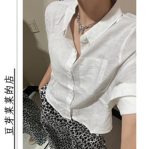 亚麻卷边袖口衬衣女短款宽松短袖