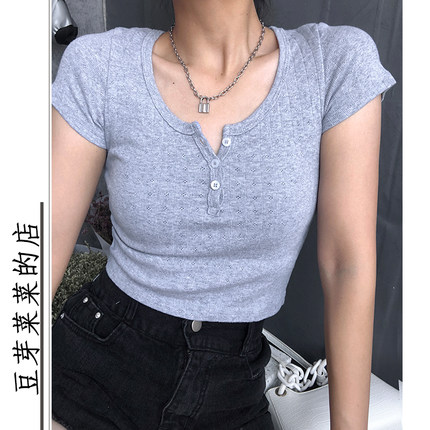 美式三粒扣短袖T恤修身bm棉质显瘦短款露肚脐纯色打底衫女上衣潮