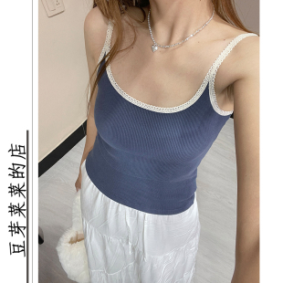 纯欲风花边白领小吊带背心bm新款 藏青紧身短上衣设计感内搭打底衫