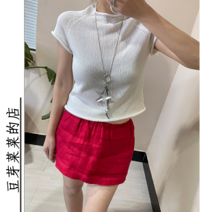 T恤女 小众百搭短上衣亚麻棉干爽透气自然卷边直筒小圆领针织短袖