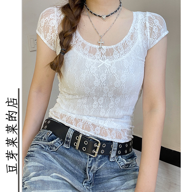 网纱露肚脐u领透视薄款纯欲短袖