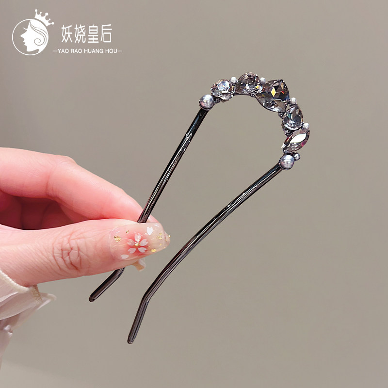 高级感水晶爱心U型发簪女新款后脑勺盘发簪子丸子头发钗小众发卡