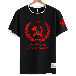 第四国际前苏联革命党人托洛茨基拼接短袖T恤衫男女假两件半截袖