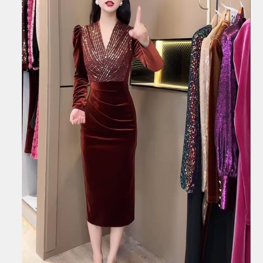 欧洲站丝绒拼接连衣裙秋冬新款女装2025小众设计感修身显瘦包臀裙