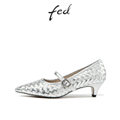 fed编织羊皮女鞋 女 通勤鞋 春尖头细中跟单鞋 女透气玛丽珍时装