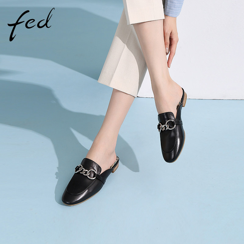 fed包头低跟圆头夏季新款外穿乐福后空凉鞋拖鞋女穆勒半平底拖鞋