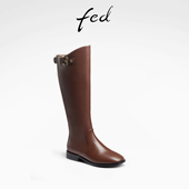 fed长筒靴女秋冬新款 加绒牛皮显瘦通勤ins百搭平底骑士靴118 352