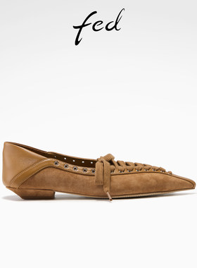 fed尖头平底鞋春季新款女鞋暮岸轻绾单鞋复古绑带芭蕾鞋女款YA156