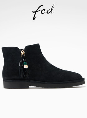 fed黑色短靴女冬季新款女靴串珠时装靴绒面马丁靴女款S1015-YA288