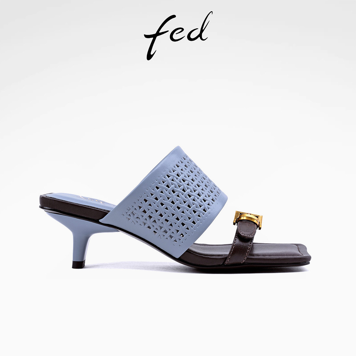 fed镂空羊皮26夏季新款真皮细高跟时装拖时尚露趾一字带凉拖鞋女