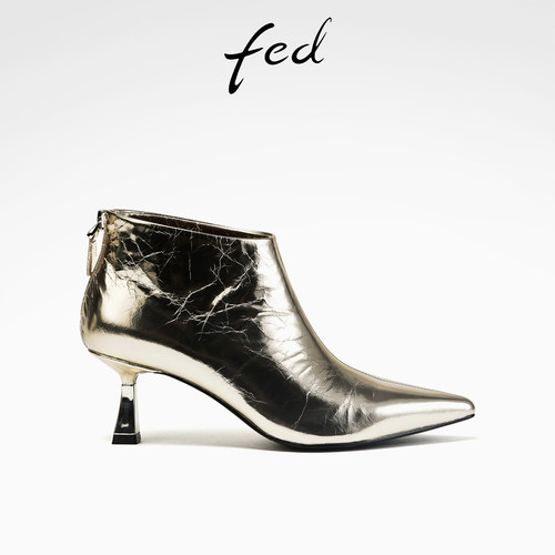 fed金色时装靴冬季新款女靴尖头短靴真皮瘦瘦靴踝靴女D0926-ZF055