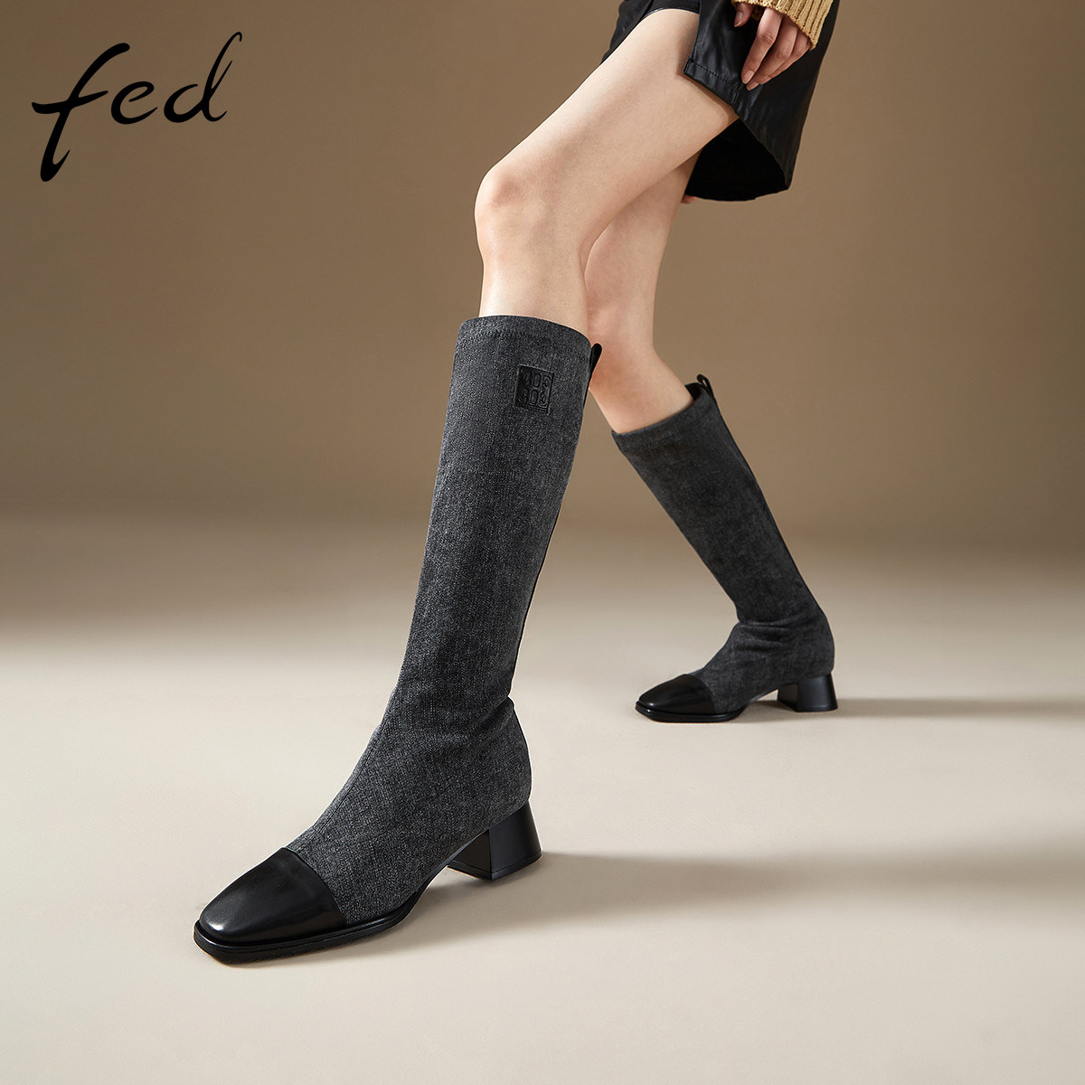 fed牛皮牛仔靴女鞋秋冬百搭方头粗跟靴子女长靴高筒瘦瘦骑士靴女