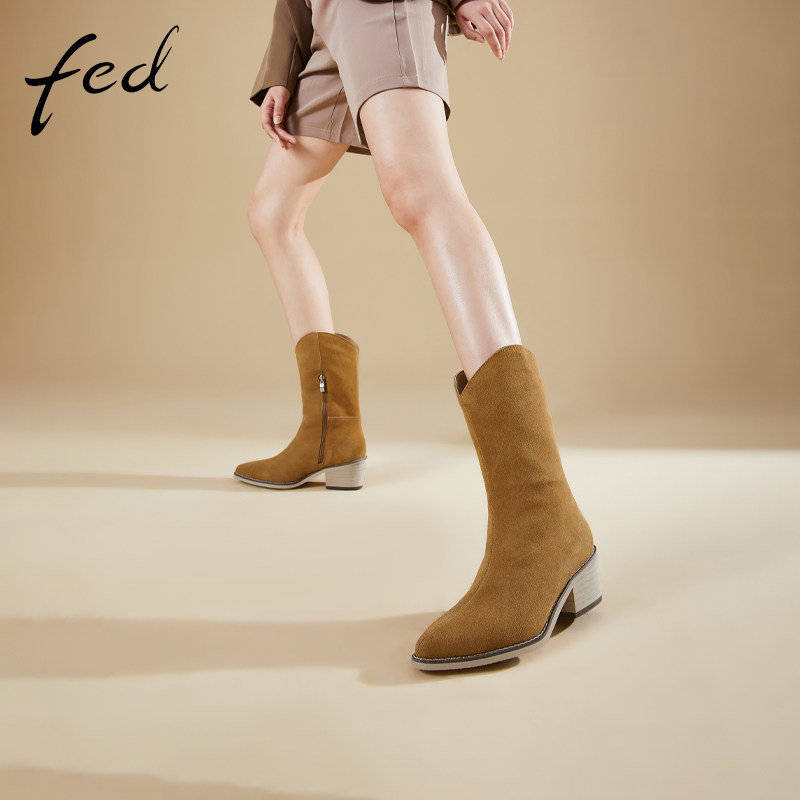fed粗跟短靴冬季新款反绒靴子尖头百搭加绒加厚时装靴1211-ZF020