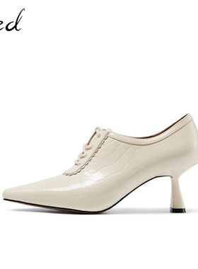 fed黑色高跟鞋女秋季新款女鞋细跟尖头法式单鞋女裸靴830-YAC387