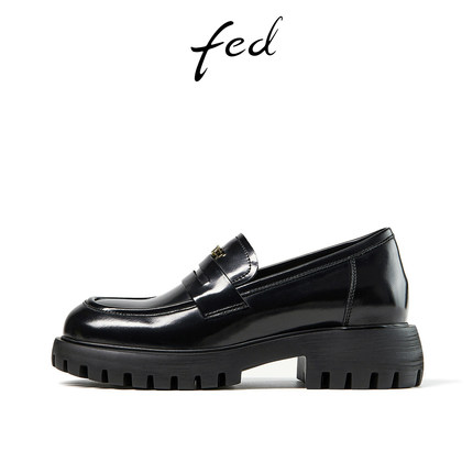 FED粗跟乐福鞋春季新款女鞋酒红色制服鞋真皮单鞋女D0122-ZCA253