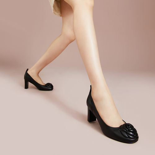 fed黑色高跟鞋2023年春季新款漆皮女鞋浅口粗跟单鞋女R0216-ZF100