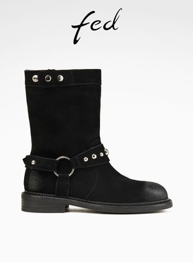 fed粗跟机车靴女冬季新款女靴加绒骑士短靴时装靴女款D1029-ZF257