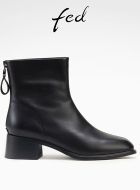 fed粗跟短靴冬季新款女靴真皮瘦瘦靴黑色时装靴单靴女D1004-ZC861