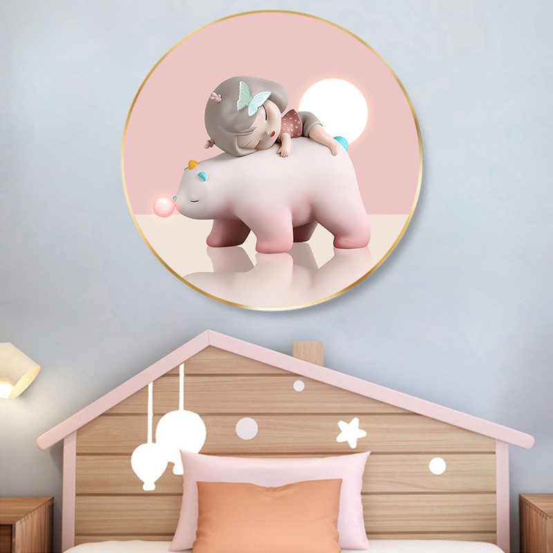 儿童房卧室床头装饰画创意北欧圆形挂画粉色女孩房间墙面卡通壁画图片