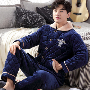 男士睡衣冬季三层加厚加绒夹棉法兰绒家居服青年珊瑚绒大码套装