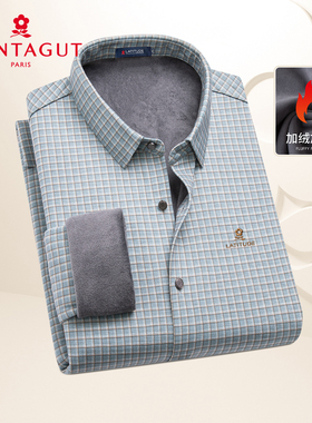 [一体加绒]梦特娇男士长袖衬衫格子通勤秋冬季中年男装厚款衬衣Z