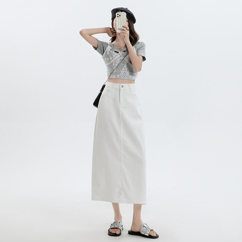 三防白色天丝牛仔半身裙子女夏高腰显瘦小个子A字裙中长裙牛仔裙