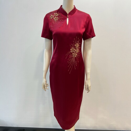 结婚喜服春夏装喜婆婆婚宴装高贵丈母娘敬酒礼服醋酸缎连衣裙短袖