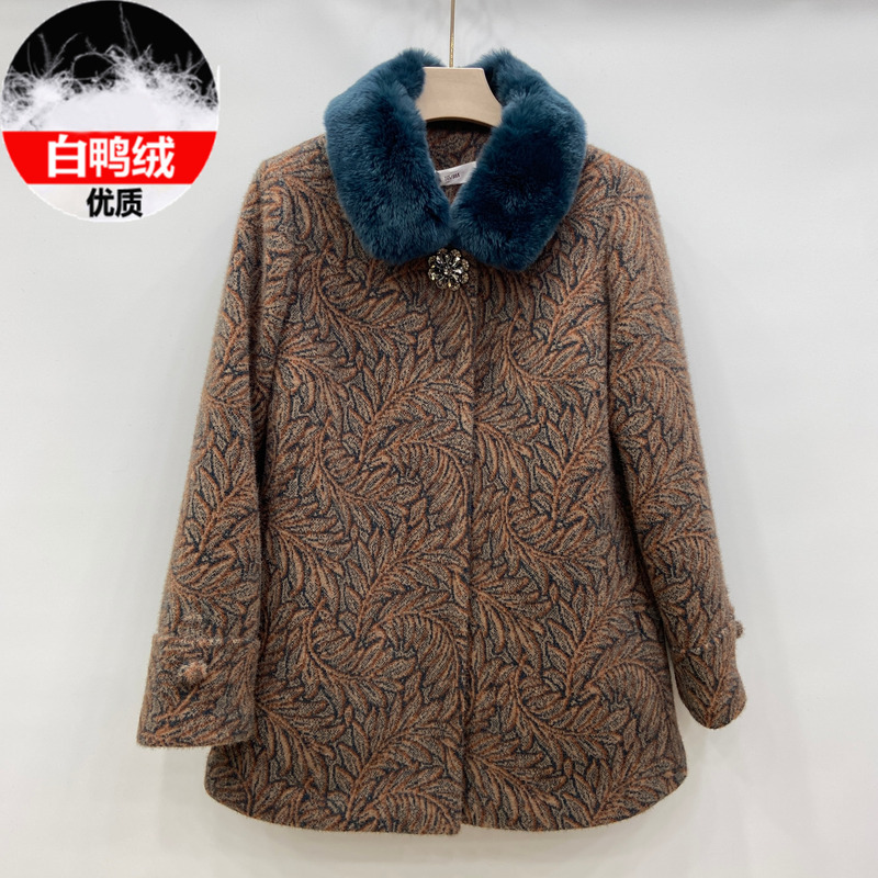 518品牌中老年妈妈冬装保暖白鸭绒羽绒服大衣獭兔毛领毛呢外套女