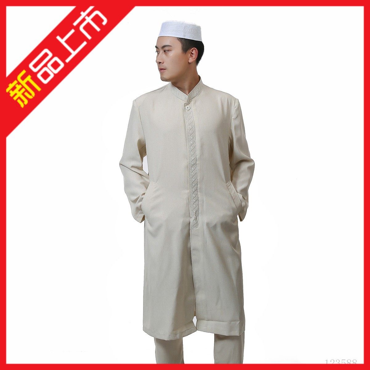 新款推荐夏季穆斯林男装立领中长开衫男大褂民族服装男亚麻礼拜服