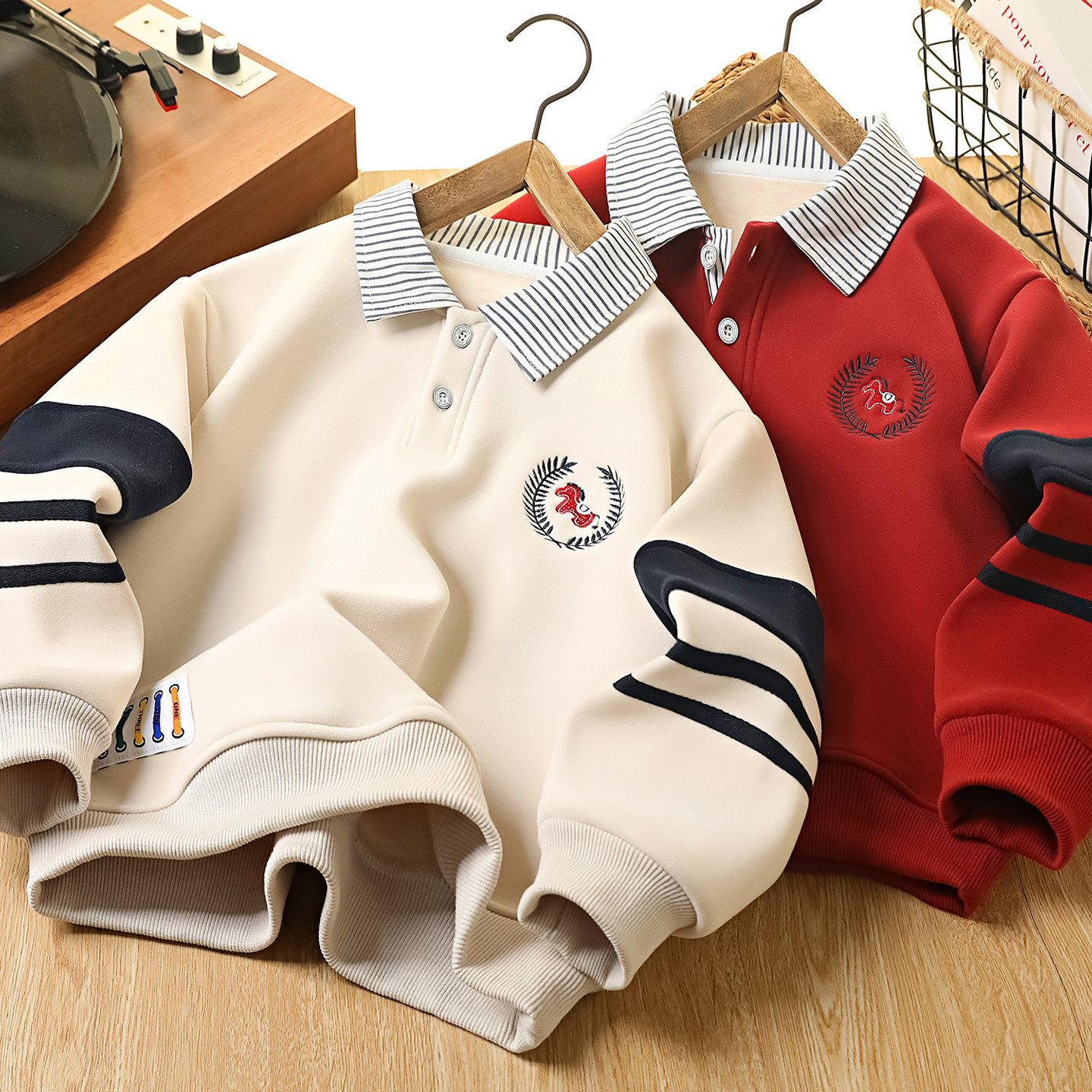 过年拜年服男童加绒卫衣2026新款马年本领年加厚红色儿童Polo打底