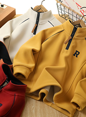 男童加绒卫衣2025新款今年流行爆款中大童冬季半高领加厚保暖打底