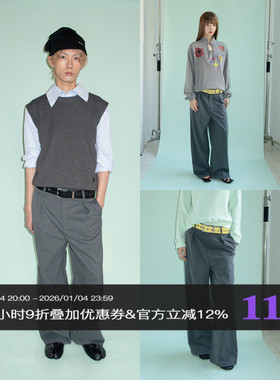 FUNKYFUN 细条纹肌理褶位垂坠感直筒宽松休闲灰色西裤长裤