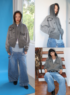 FUNKYFUN 重工渐变套色洗水黑色烫钻宽短双拉链连帽开衫卫衣外套