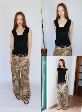 FUNKYFUN 捏褶荡领正反面两穿黑色无袖飘带莱赛尔透气背心